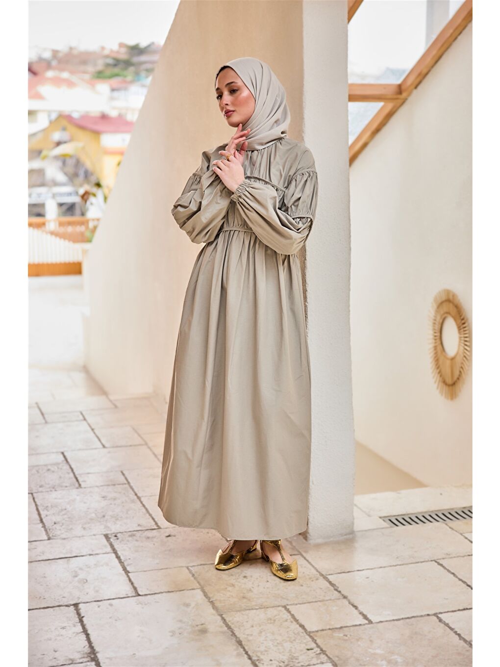 Kadın Biye Detaylı Elbise Küf Yeşil-1