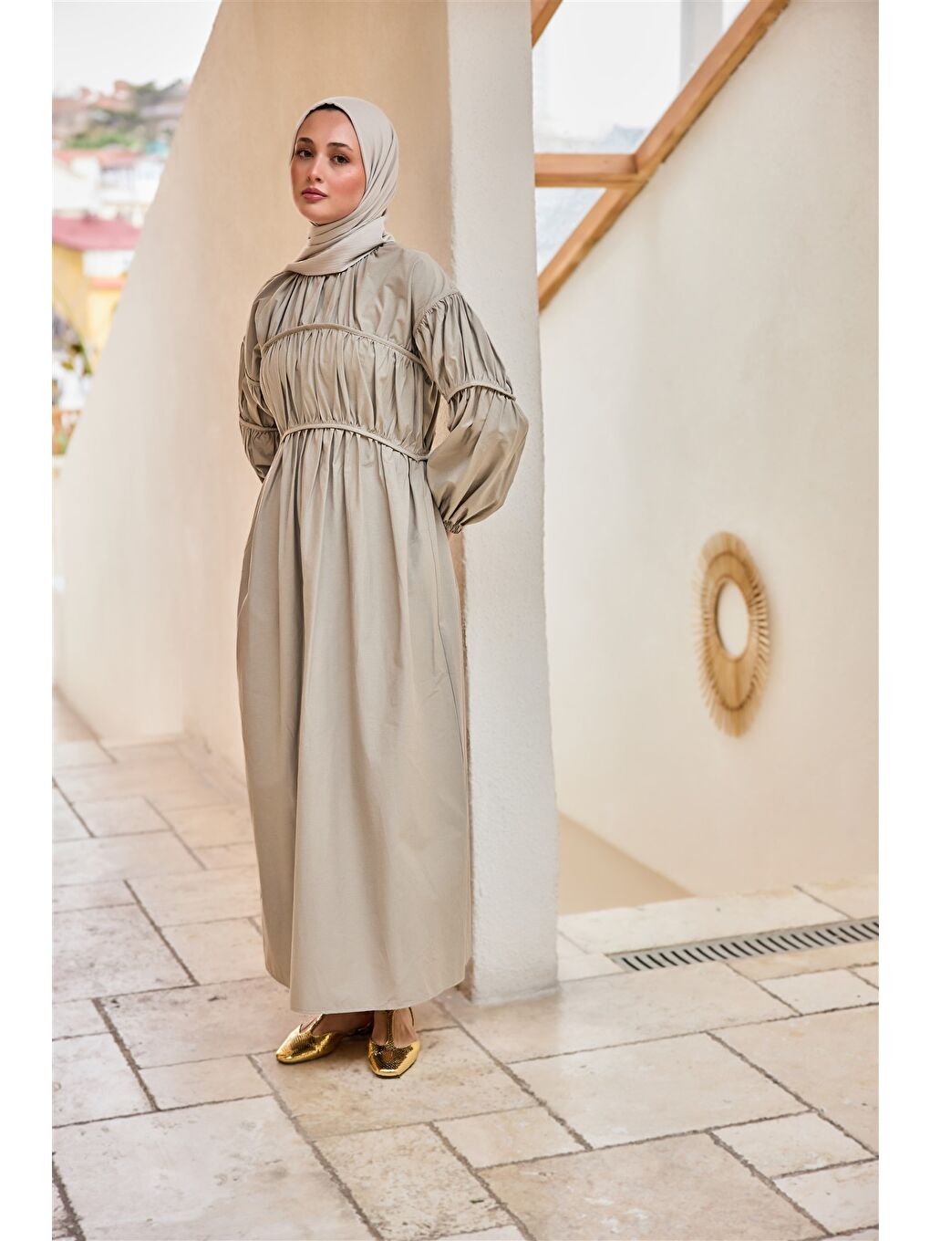 Kadın Biye Detaylı Elbise Küf Yeşil-2