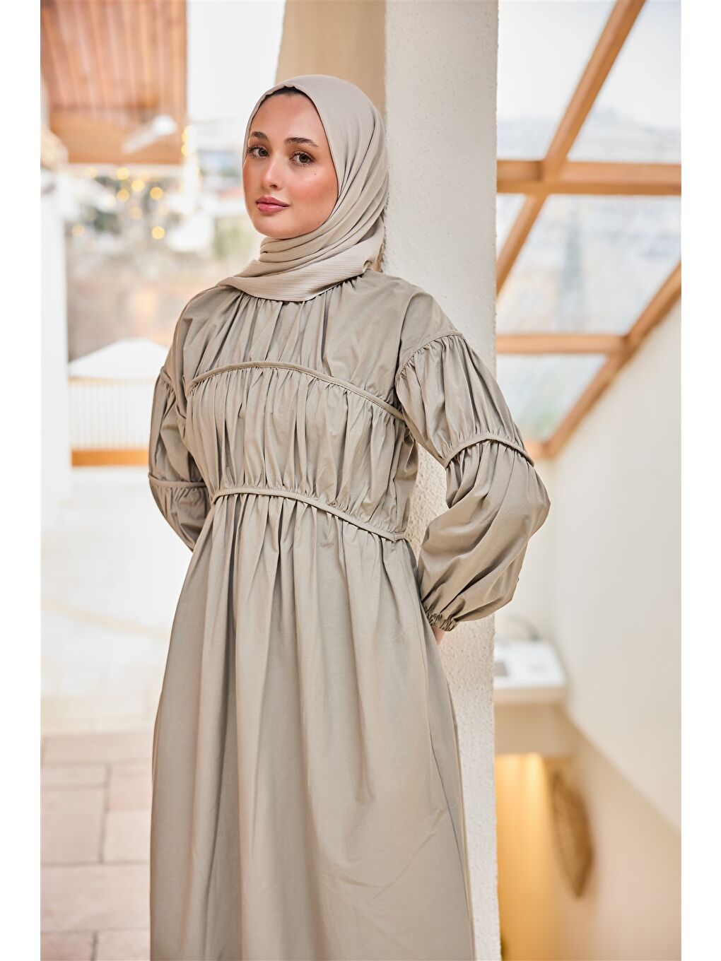 Kadın Biye Detaylı Elbise Küf Yeşil-3