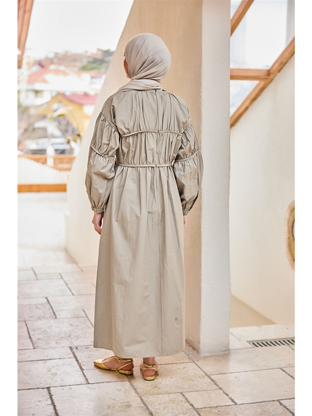 Kadın Biye Detaylı Elbise Küf Yeşil-4