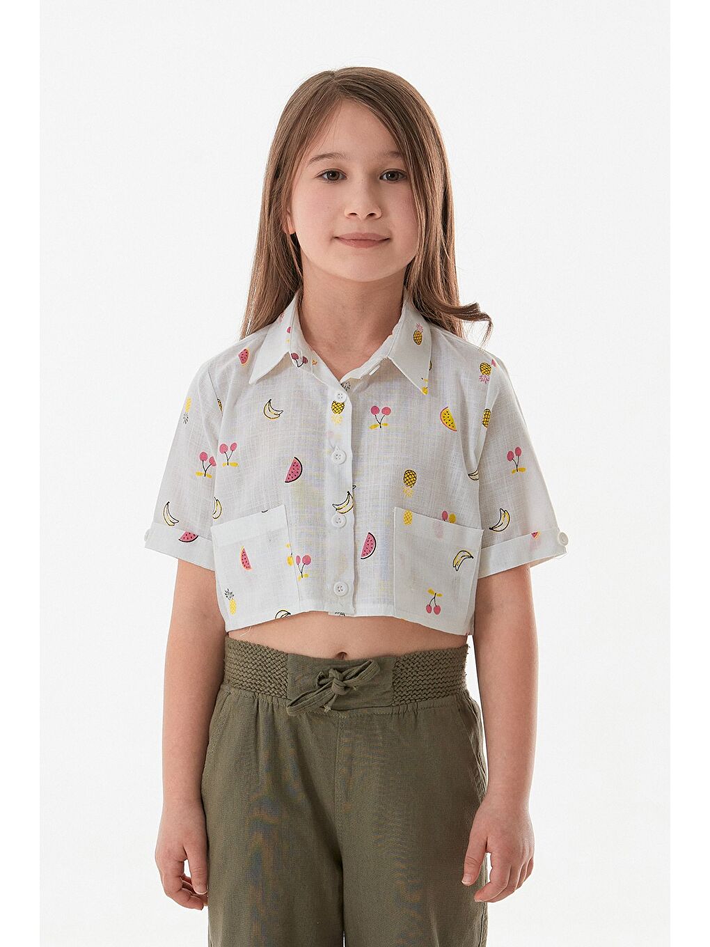 Beyaz Meyve Desenli Cepli Kız Çocuk Gömlek