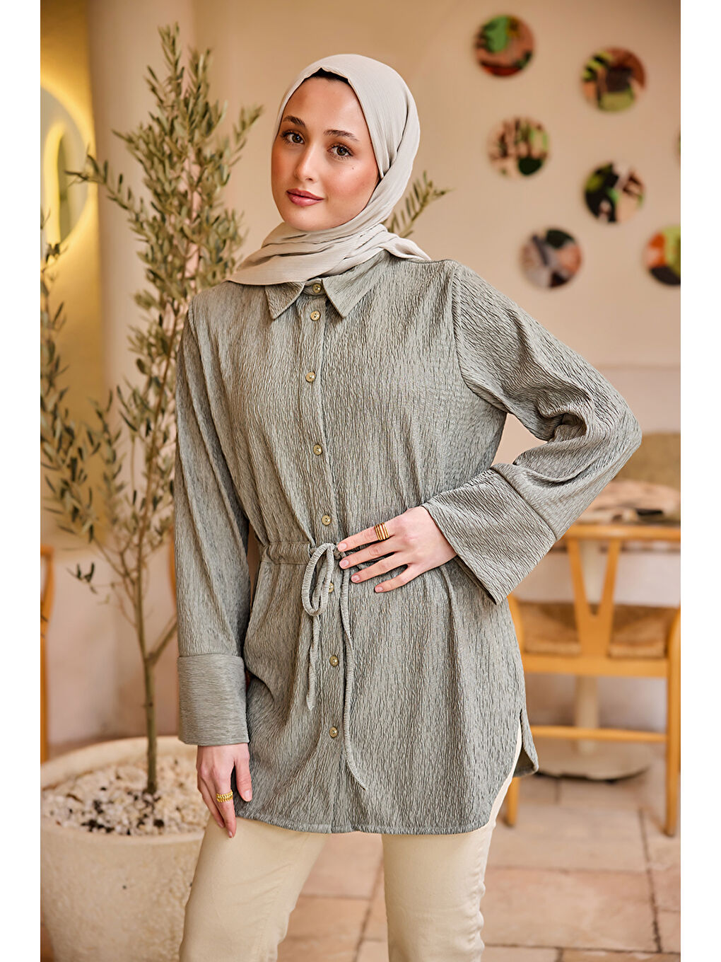 Kadın Beli Kemerli Damla Gömlek Küf Yeşil-1