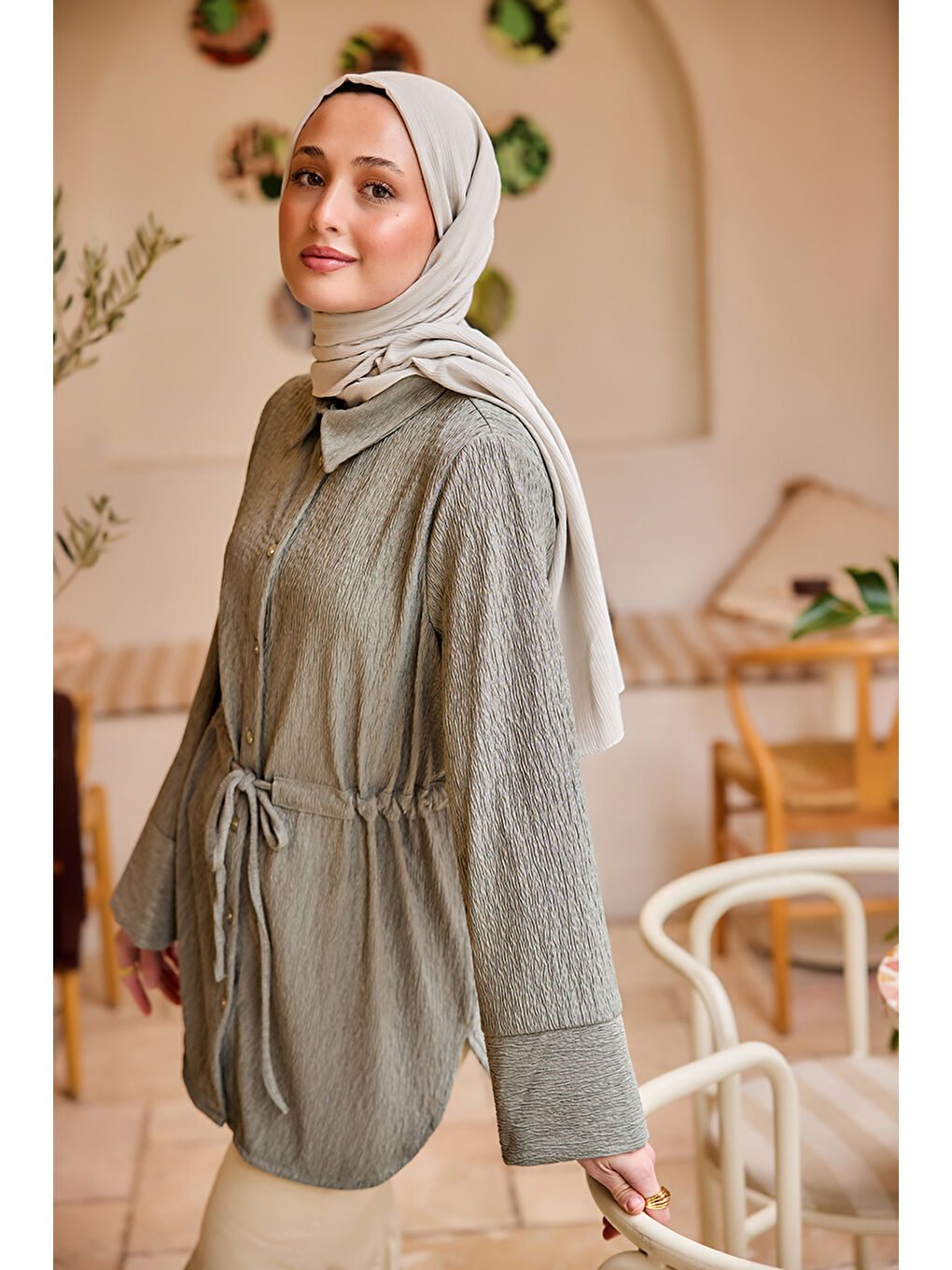 Kadın Beli Kemerli Damla Gömlek Küf Yeşil-2