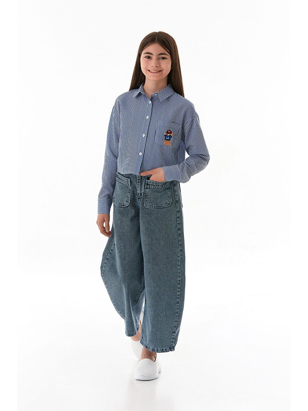 Mavi Çizgili Ayıcık Nakışlı Cepli Kız Çocuk Gömlek-1