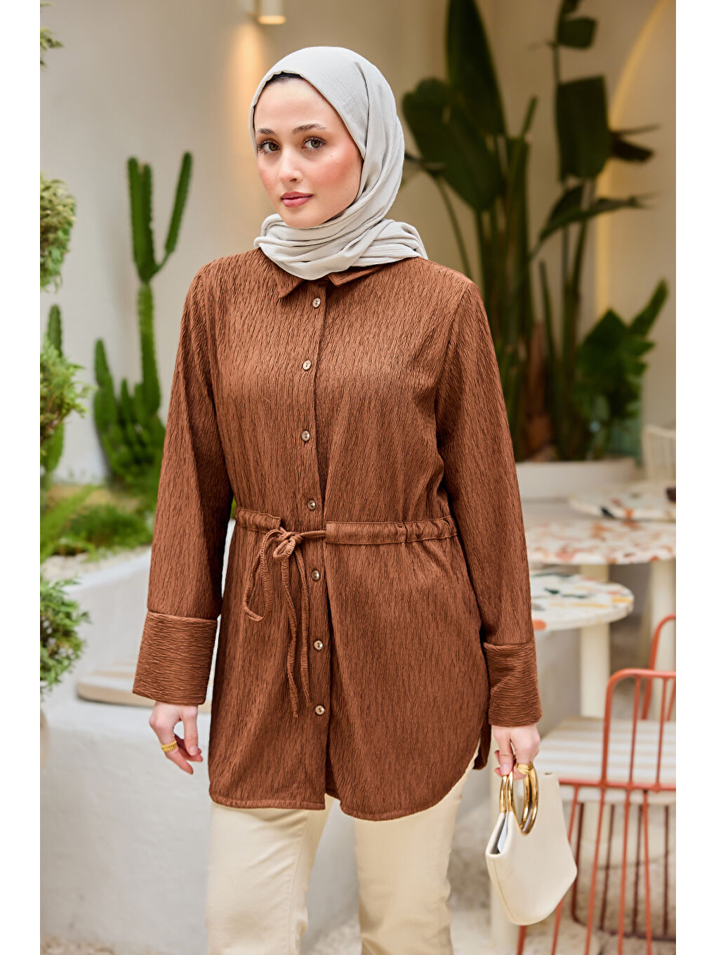 Kadın Beli Kemerli Damla Gömlek Kahverengi-2