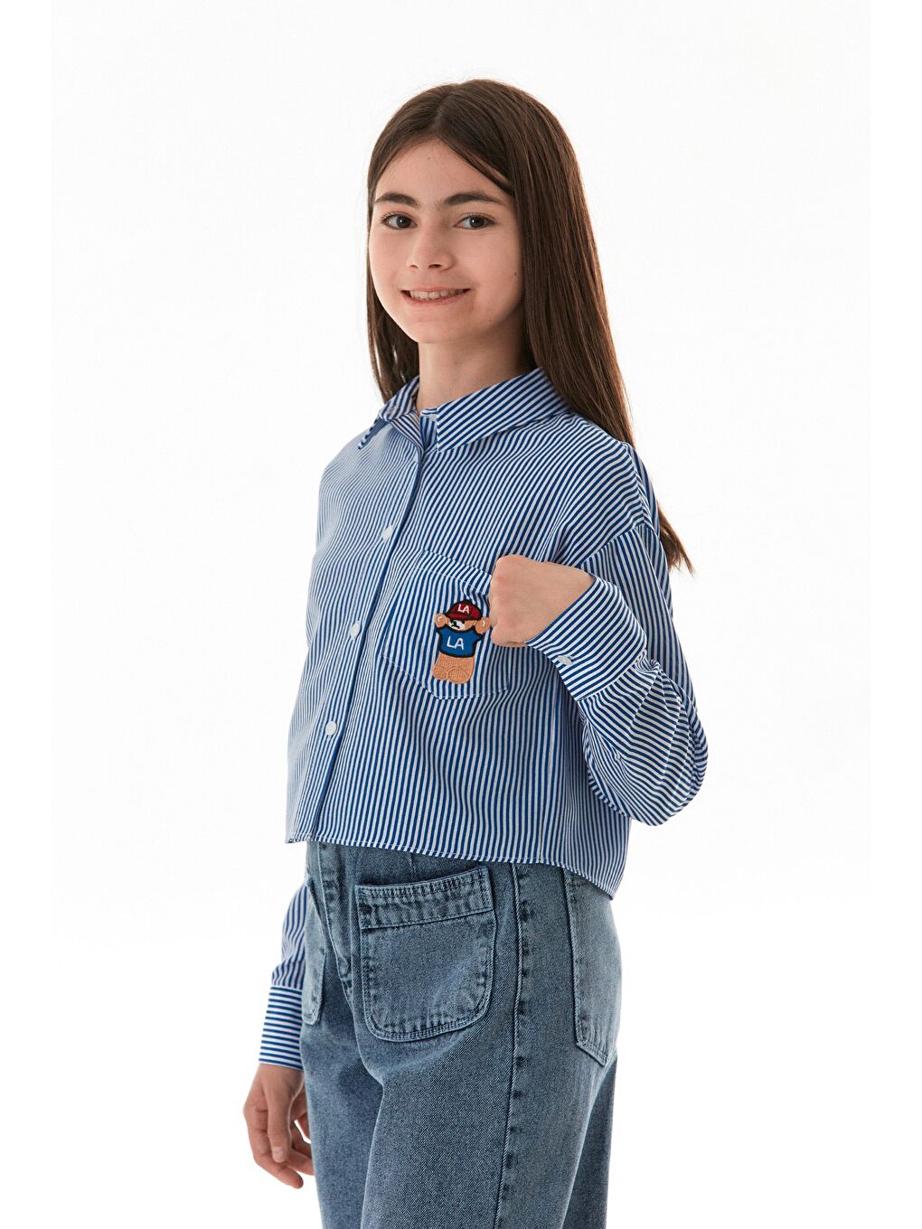 Mavi Çizgili Ayıcık Nakışlı Cepli Kız Çocuk Gömlek-2