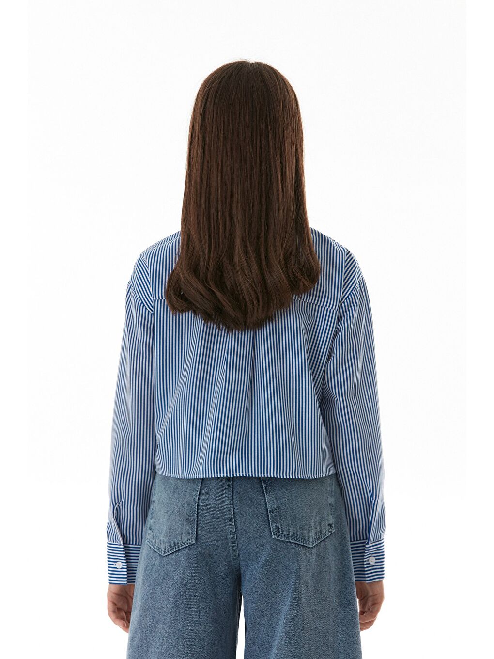 Mavi Çizgili Ayıcık Nakışlı Cepli Kız Çocuk Gömlek-3