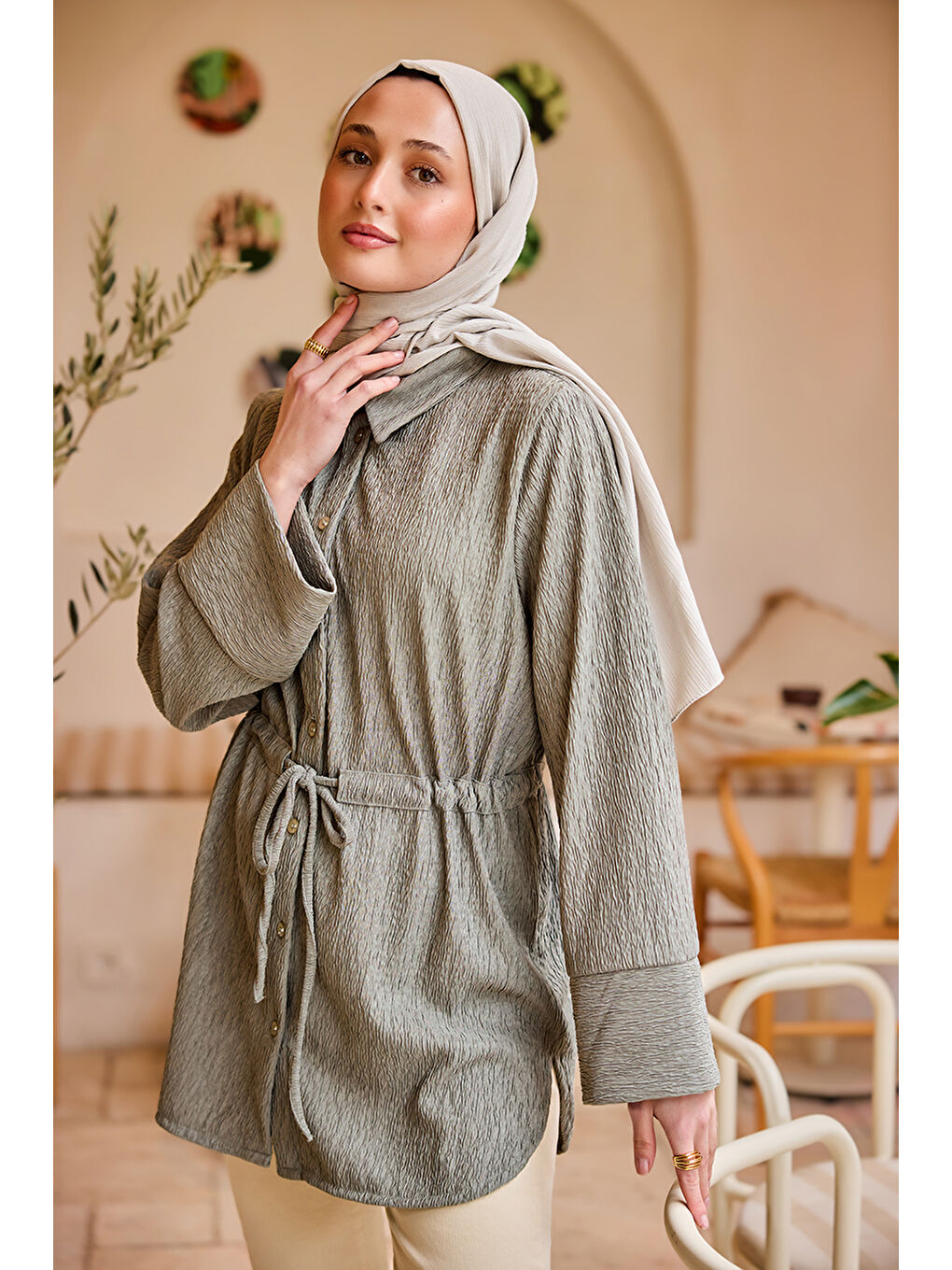 Kadın Beli Kemerli Damla Gömlek Küf Yeşil-4