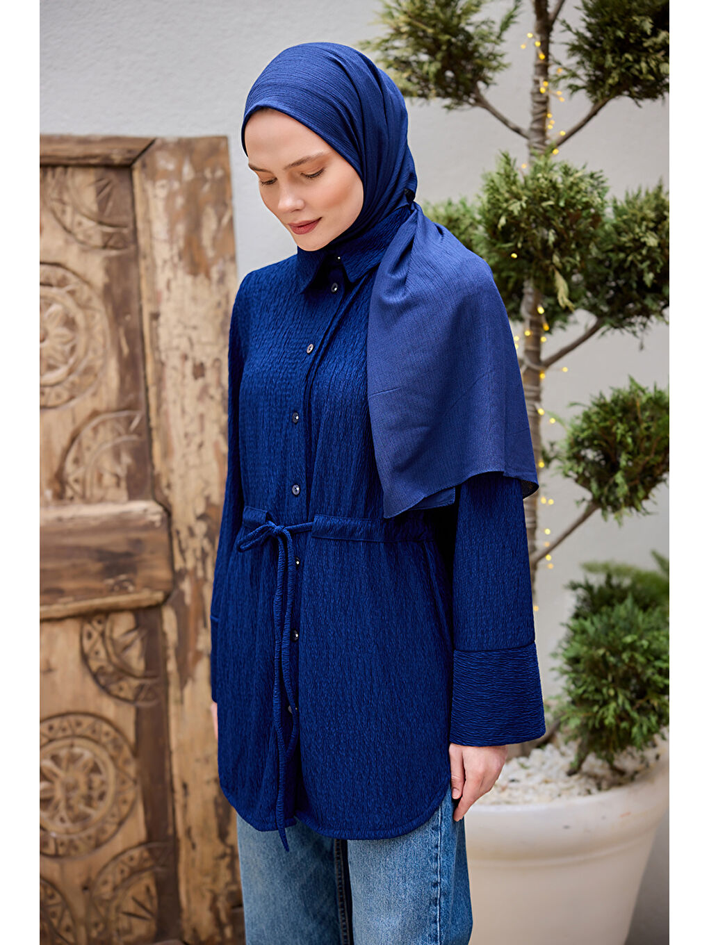 Kadın Beli Kemerli Damla Gömlek Lacivert-1