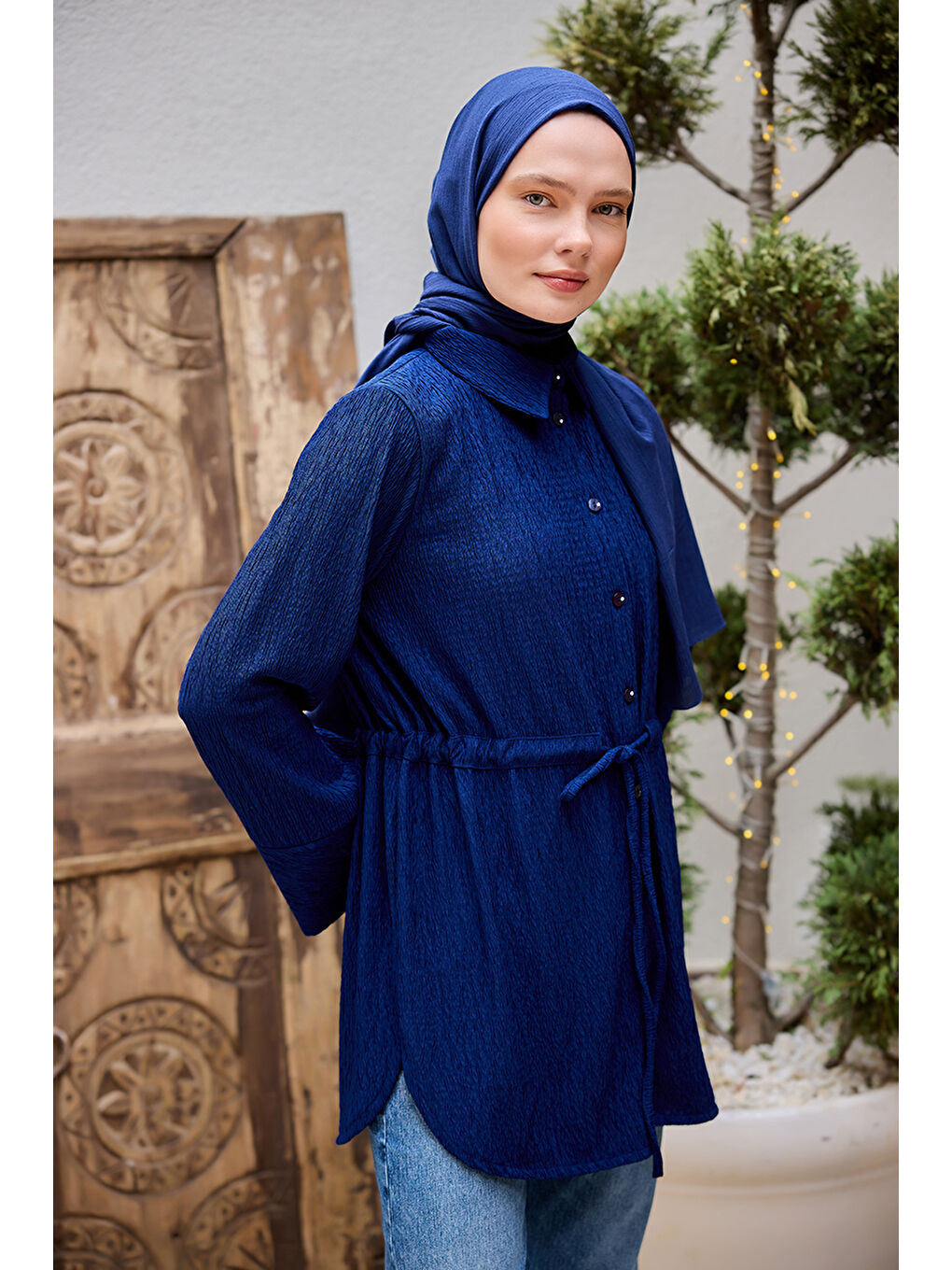 Kadın Beli Kemerli Damla Gömlek Lacivert-2