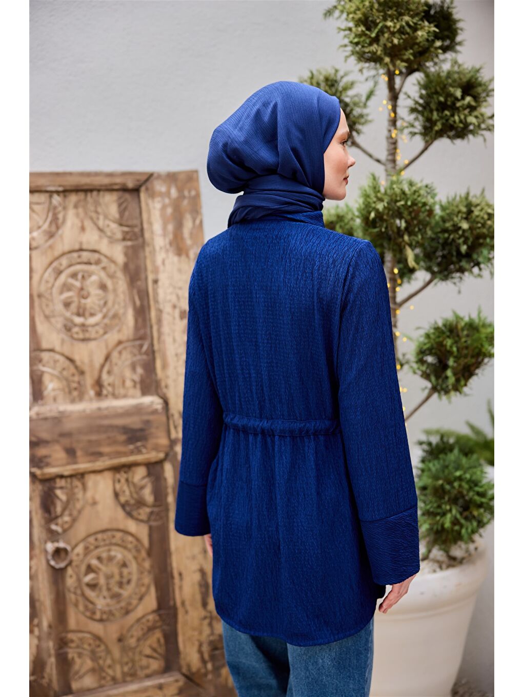 Kadın Beli Kemerli Damla Gömlek Lacivert-3