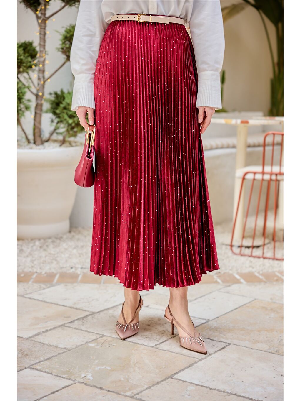 Kadın Taşlı Kraş Etek Bordo-2