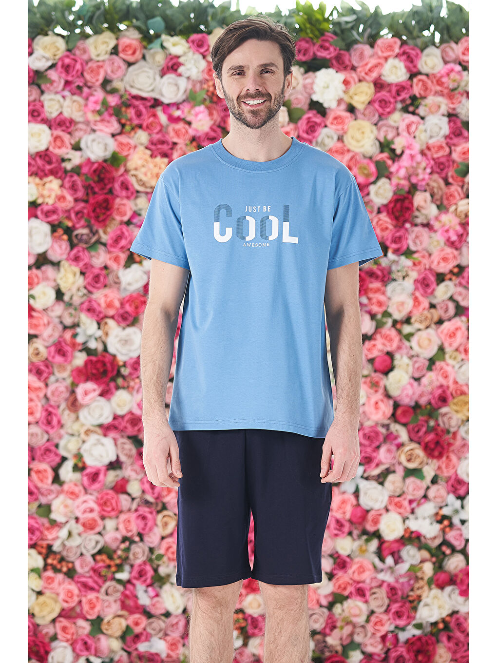 Erkek Şort Tişört %100 Pamuk Şortlu Pijama Takımı 25252 Mavi-2