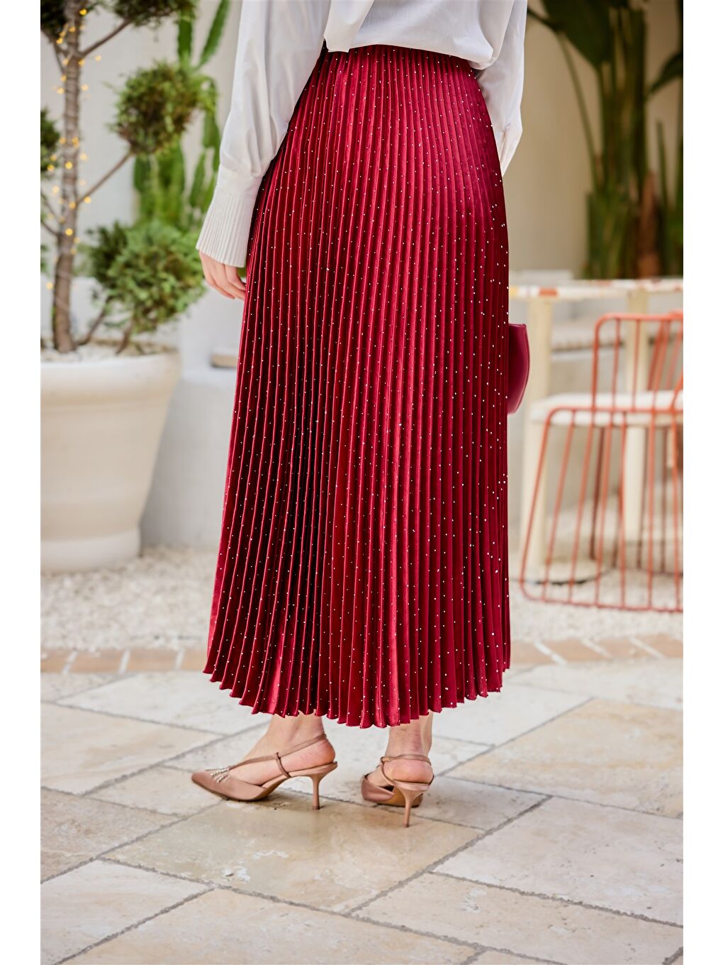 Kadın Taşlı Kraş Etek Bordo-4