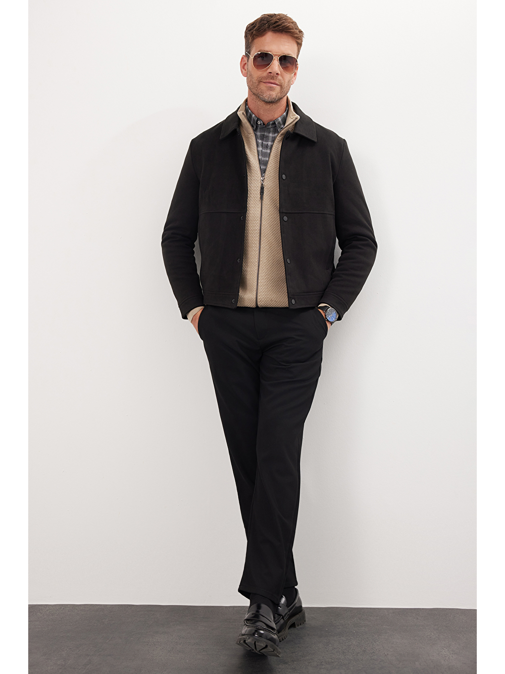 Erkek Slim Fit Dar Kesim Çift Cepli Çıtçıt Kapamalı Siyah Mont-1