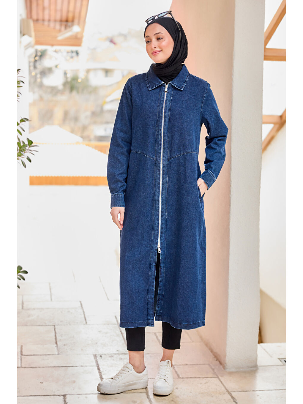 Kadın Fermuarlı Midi Boy Jean Ceket  Lacivert-1