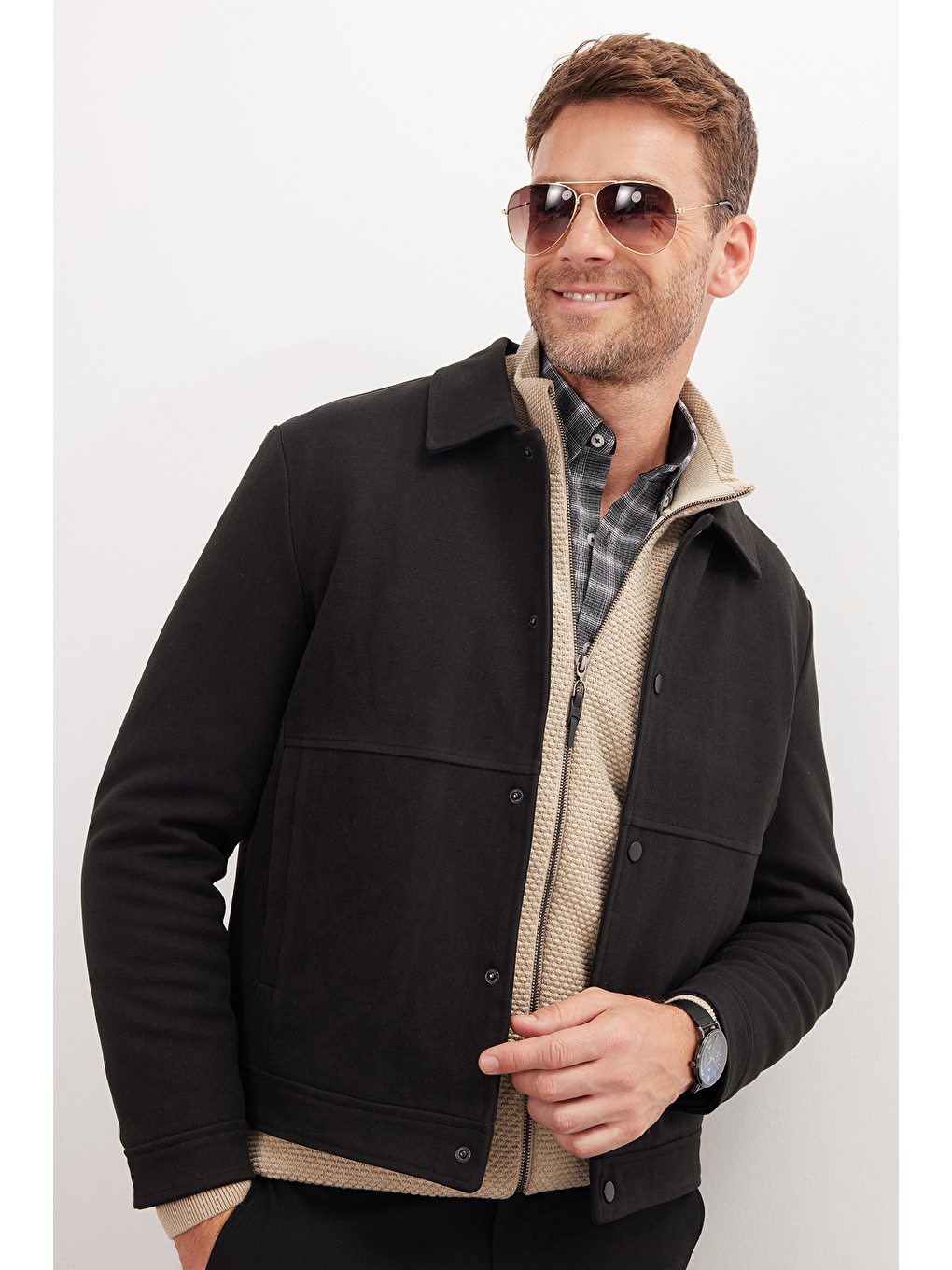 Erkek Slim Fit Dar Kesim Çift Cepli Çıtçıt Kapamalı Siyah Mont-2