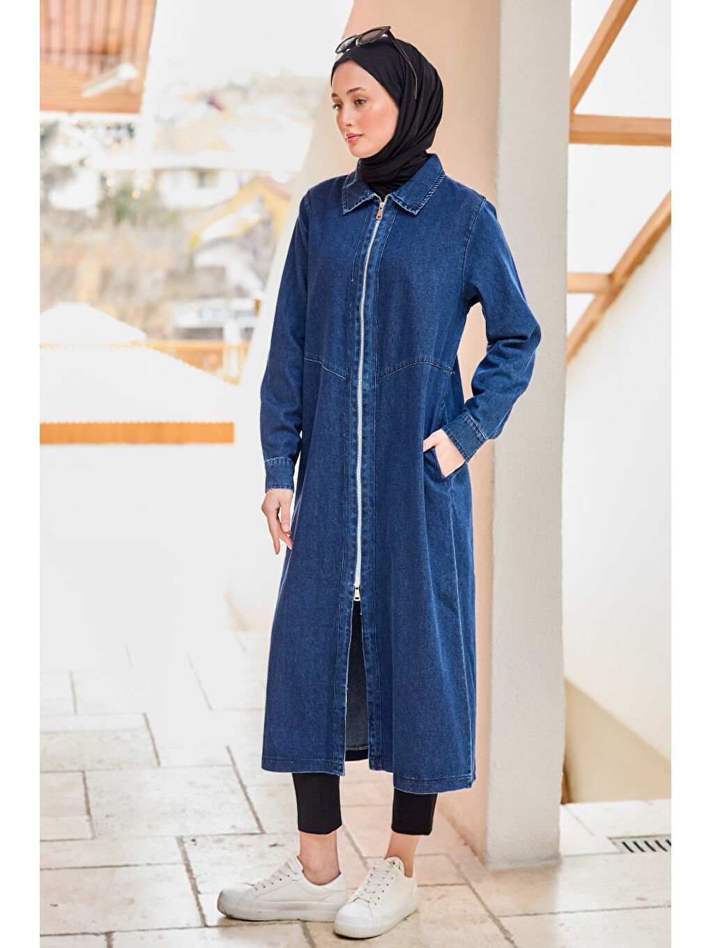 Kadın Fermuarlı Midi Boy Jean Ceket  Lacivert-2