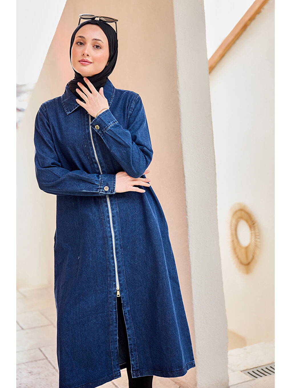 Kadın Fermuarlı Midi Boy Jean Ceket  Lacivert-3