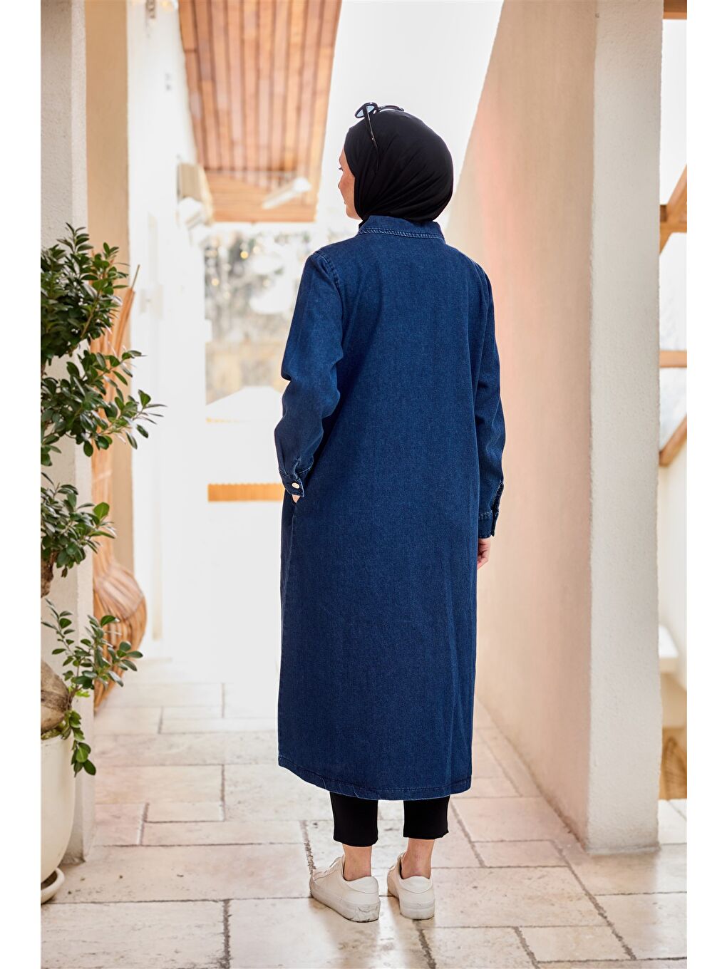 Kadın Fermuarlı Midi Boy Jean Ceket  Lacivert-4