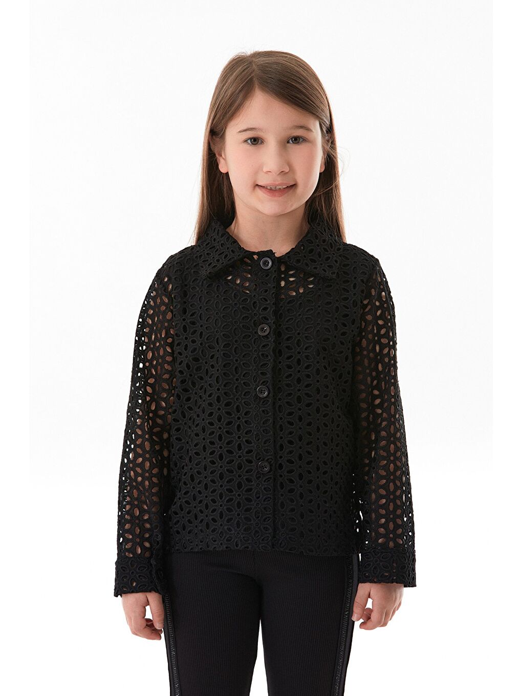 Siyah Düğmeli Brode Kumaş Kız Çocuk Gömlek-1