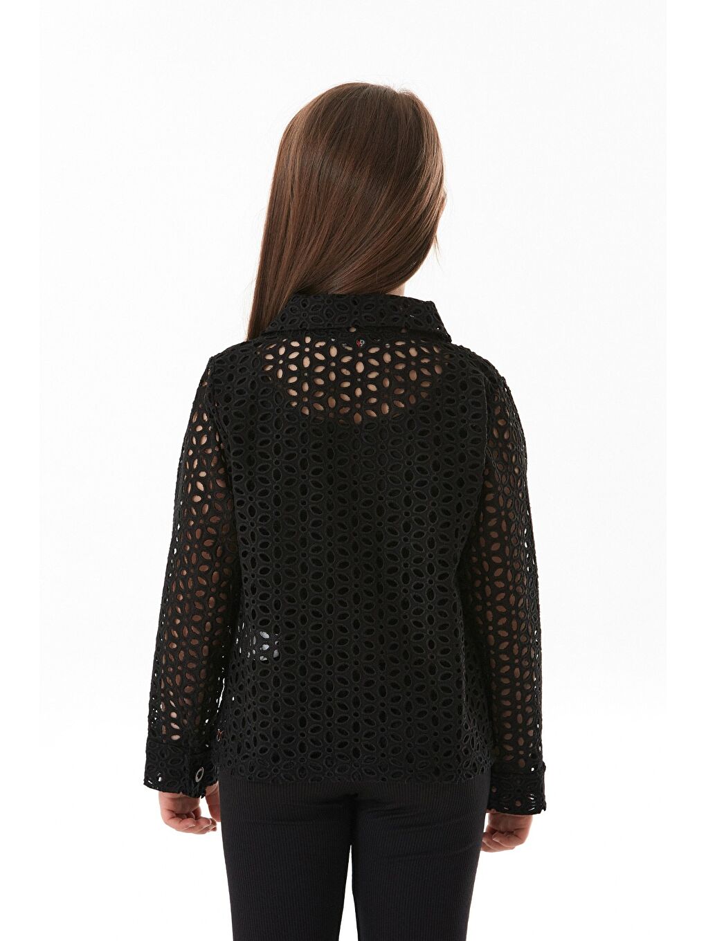 Siyah Düğmeli Brode Kumaş Kız Çocuk Gömlek-4