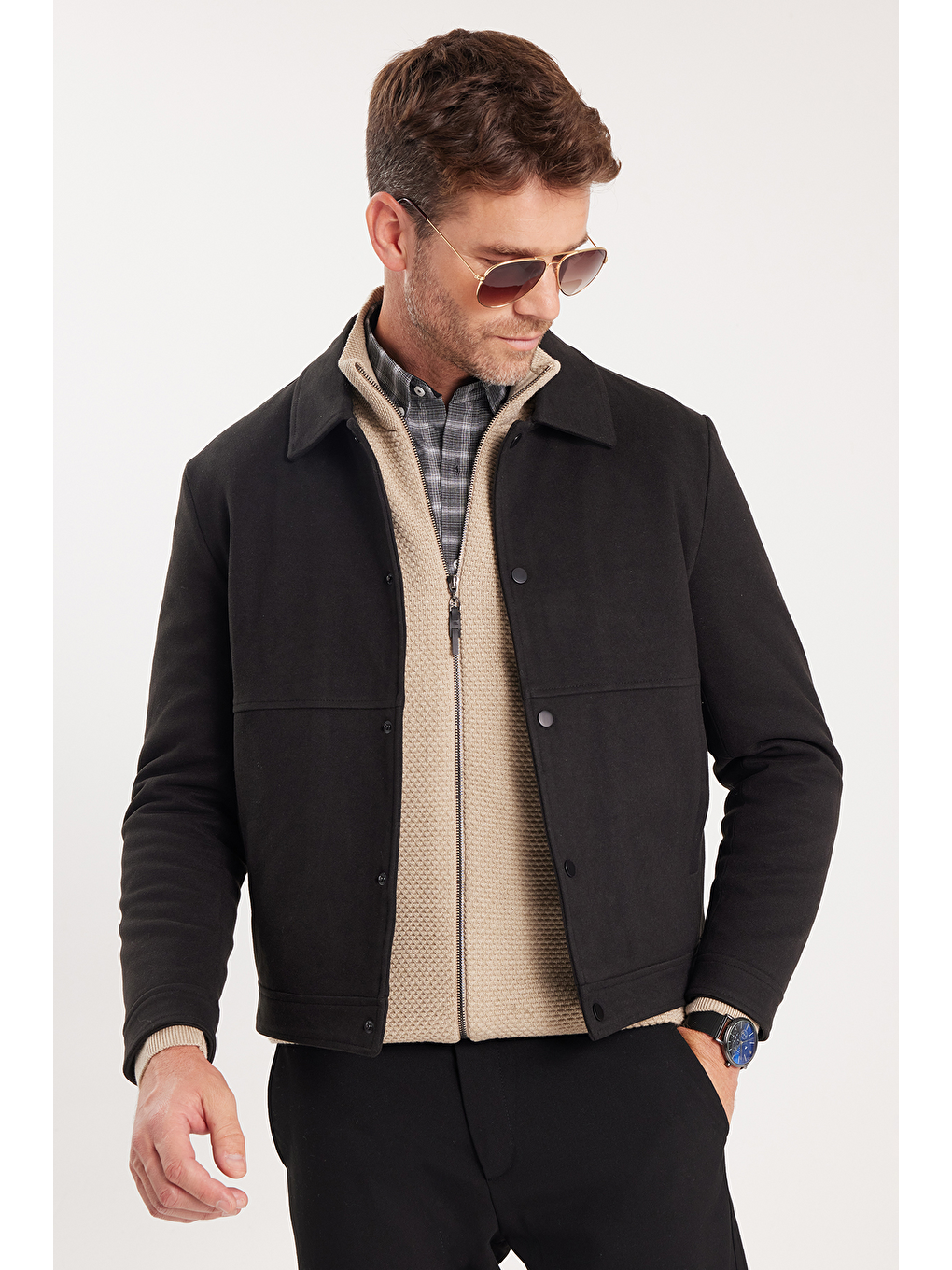 Erkek Slim Fit Dar Kesim Çift Cepli Çıtçıt Kapamalı Siyah Mont-6