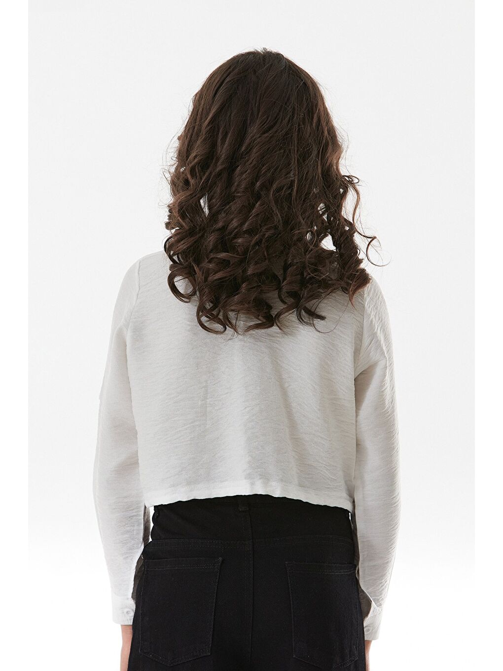 Beyaz Önü Bağlamalı Yazı Baskılı Kız Çocuk Crop Gömlek-2