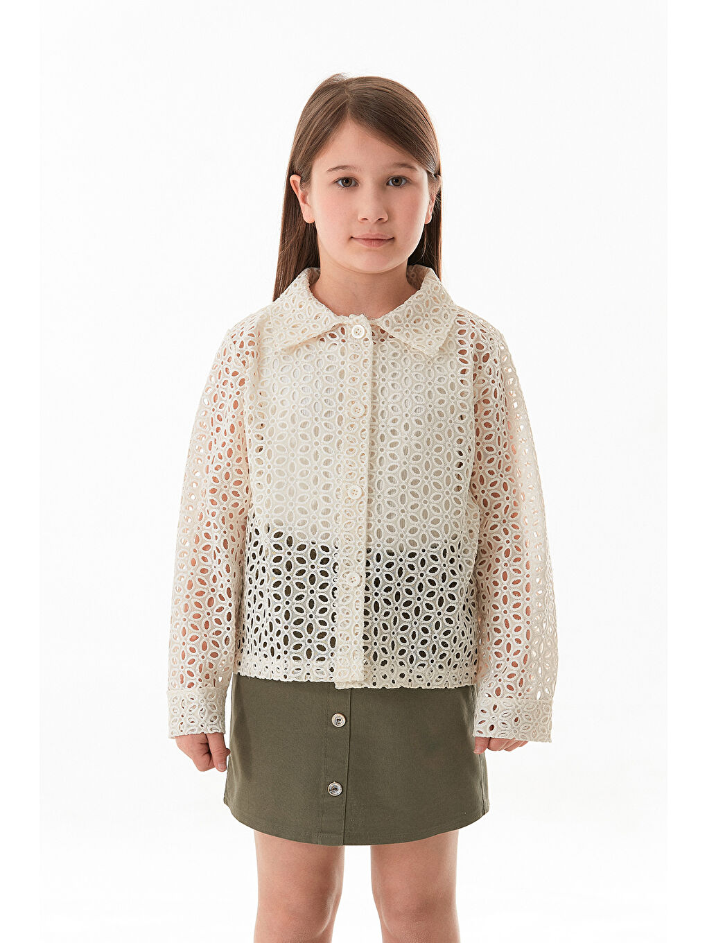 Ekru Düğmeli Brode Kumaş Kız Çocuk Gömlek