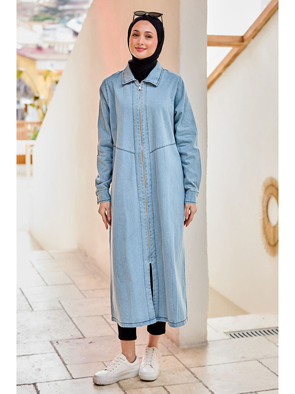 Kadın Fermuarlı Midi Boy Jean Ceket  Buz Mavi-1