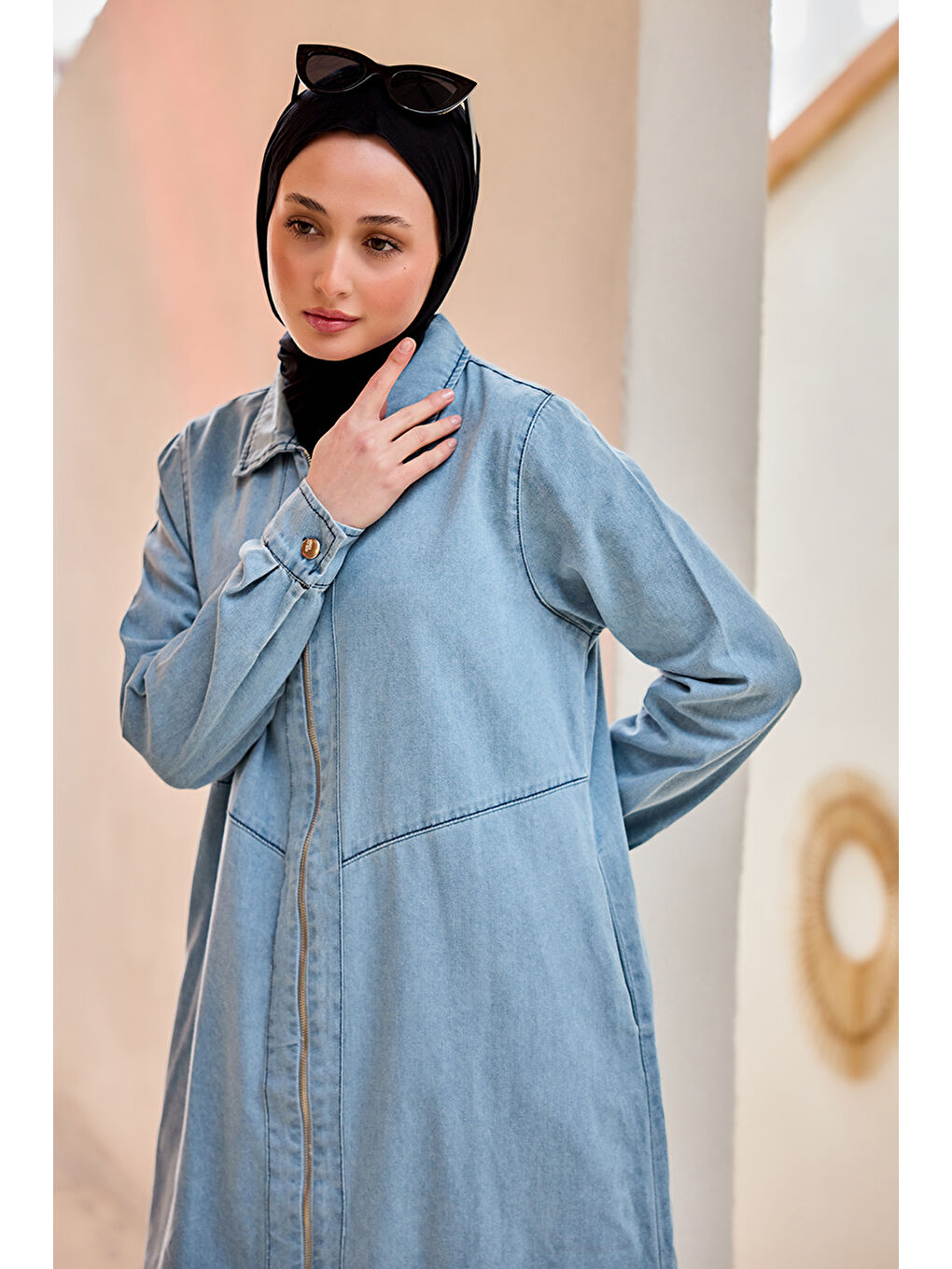 Kadın Fermuarlı Midi Boy Jean Ceket  Buz Mavi-2