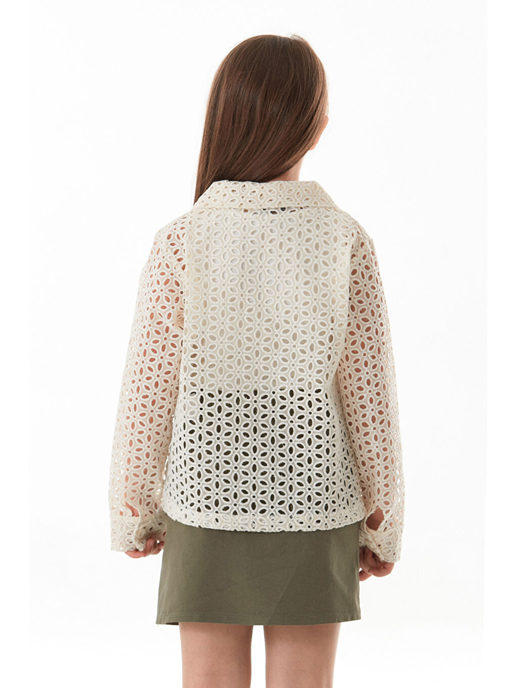 Ekru Düğmeli Brode Kumaş Kız Çocuk Gömlek-1