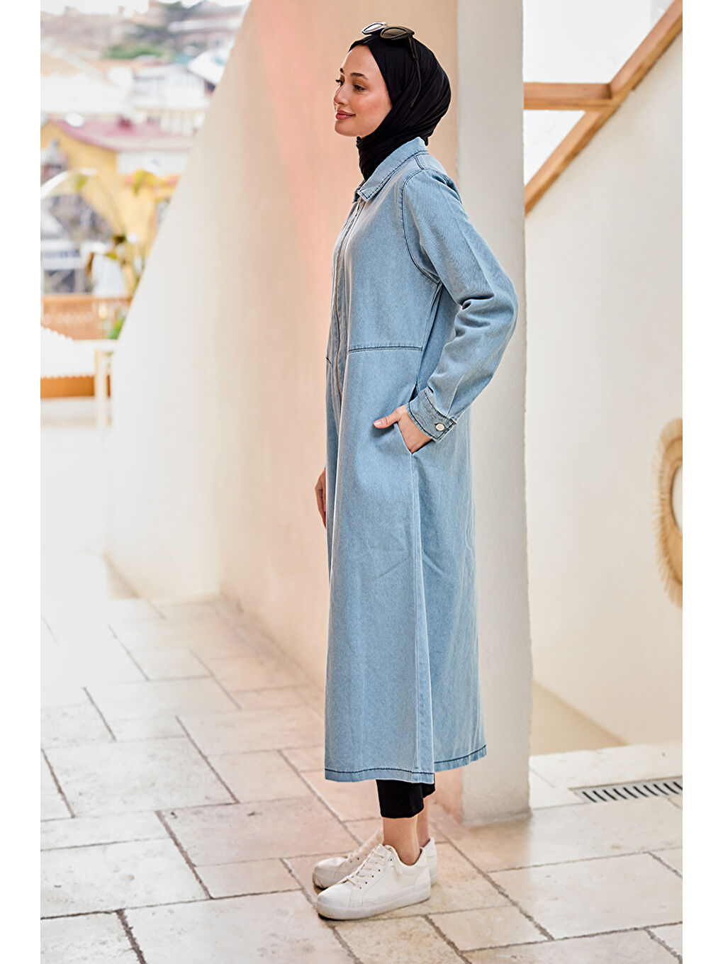 Kadın Fermuarlı Midi Boy Jean Ceket  Buz Mavi-3