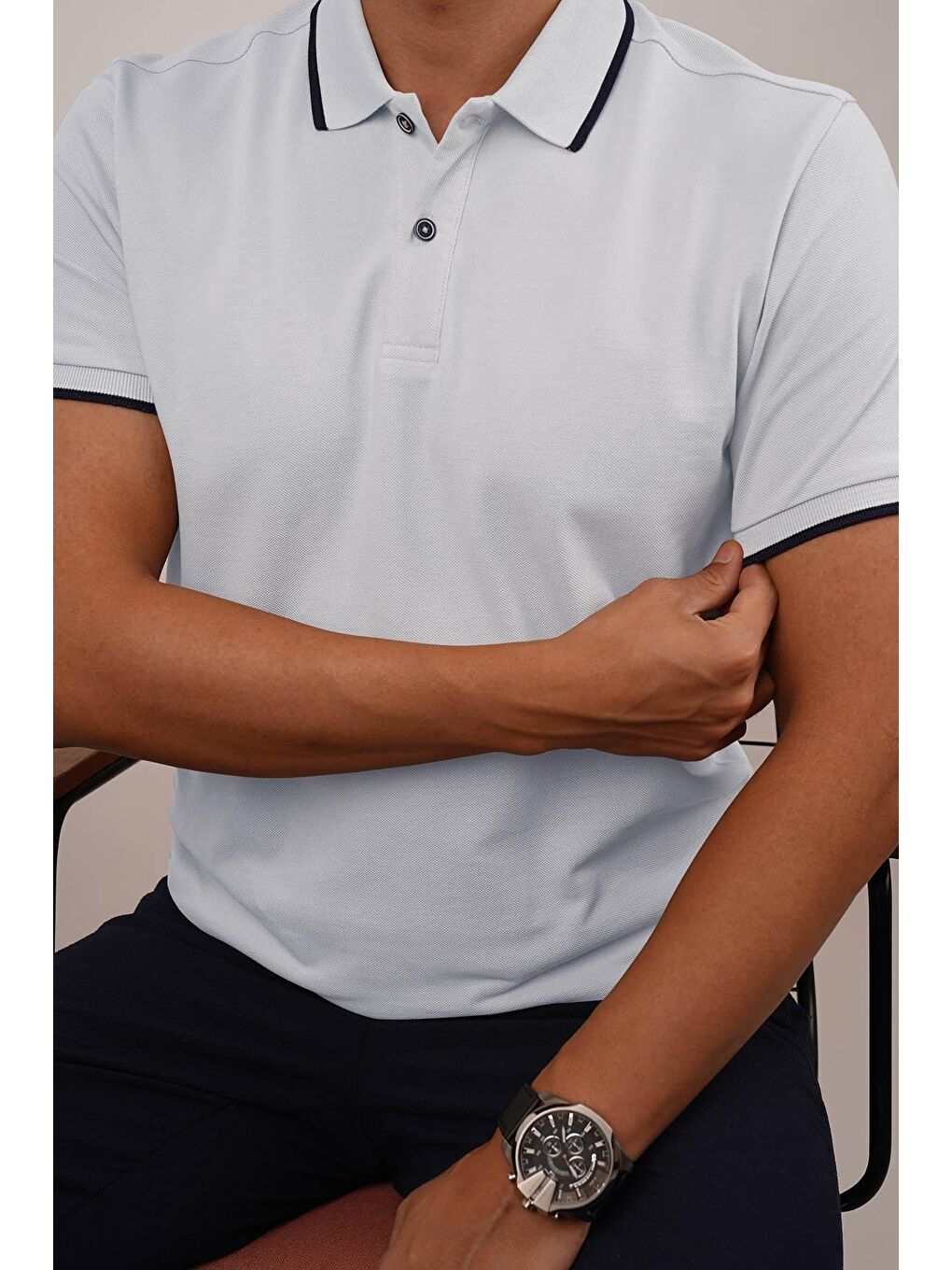 Gri Lacivert Yaka Çizgili Erkek Polo Yaka %100 Pamuk Tişört-1