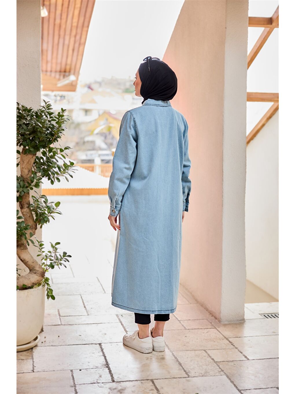 Kadın Fermuarlı Midi Boy Jean Ceket  Buz Mavi-4