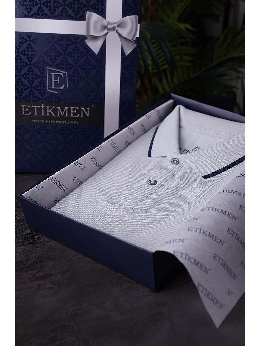 Gri Lacivert Yaka Çizgili Erkek Polo Yaka %100 Pamuk Tişört-3