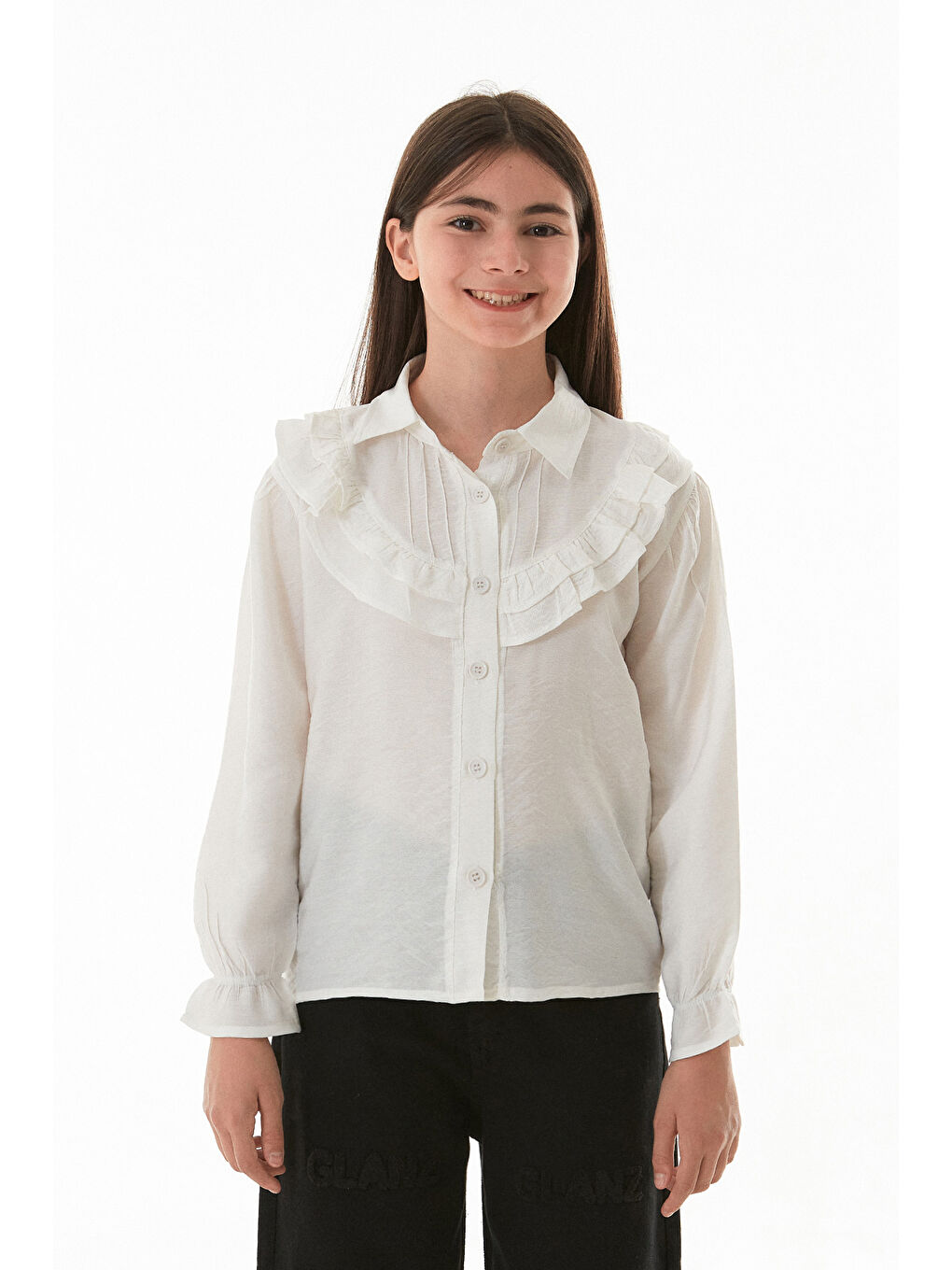 Ekru Önü Fırfırlı Düğmeli Kız Çocuk Gömlek