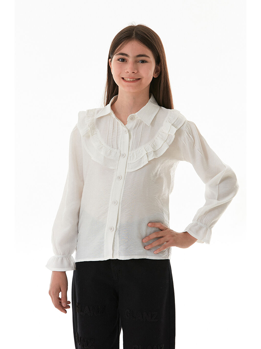 Ekru Önü Fırfırlı Düğmeli Kız Çocuk Gömlek-1