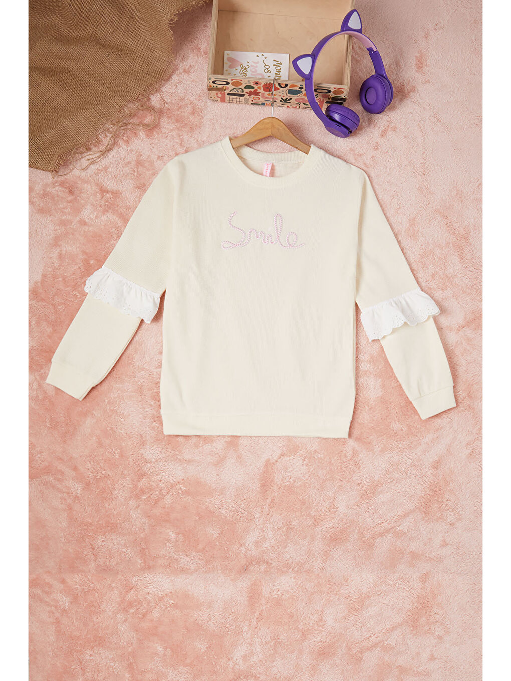 Pembe Life Kids Club Ekru Krem Smile Nakışlı Kız Çocuk Waffle Sweatshirt 16589