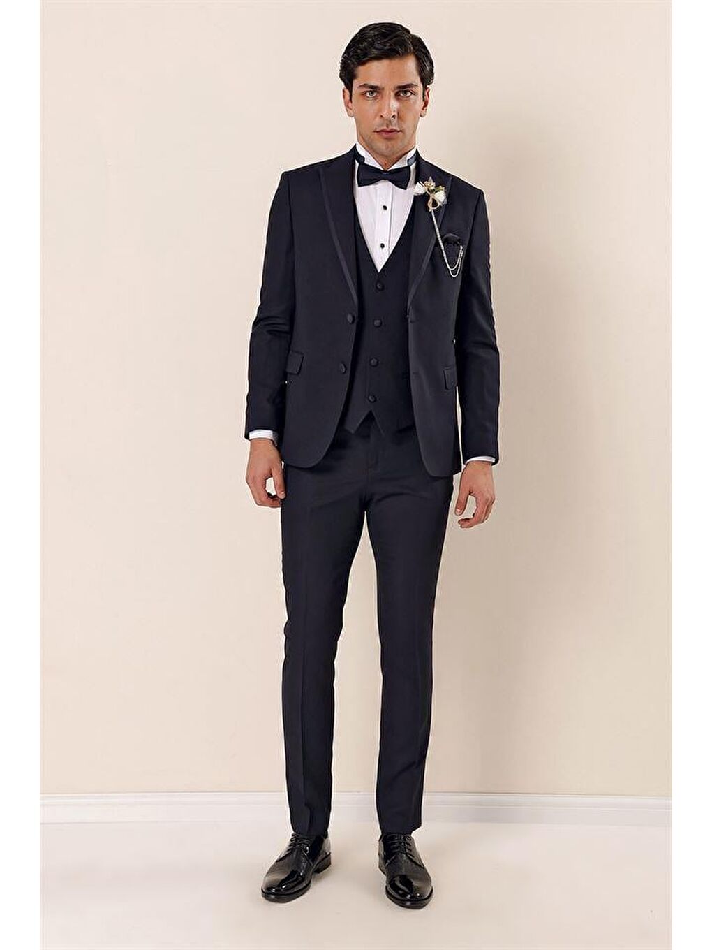 Koyu Lacivert Çıkarılabilir Kırlangıç Yaka Yelekli 6 Drop Slim Fit Smokin Damatlık 1001225203-3