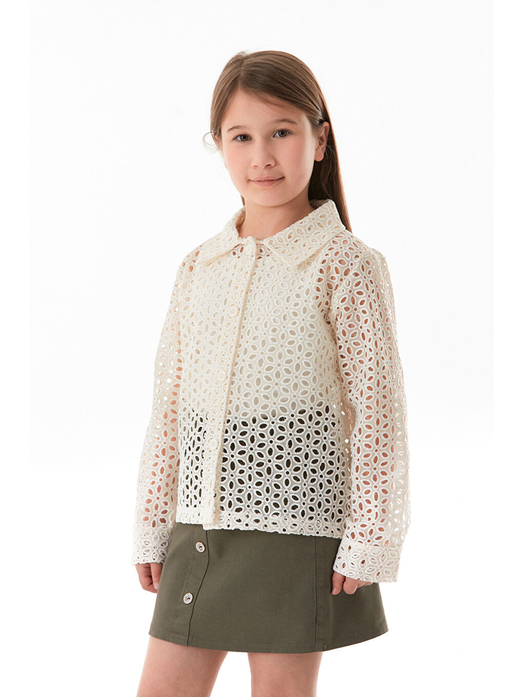 Ekru Düğmeli Brode Kumaş Kız Çocuk Gömlek-4