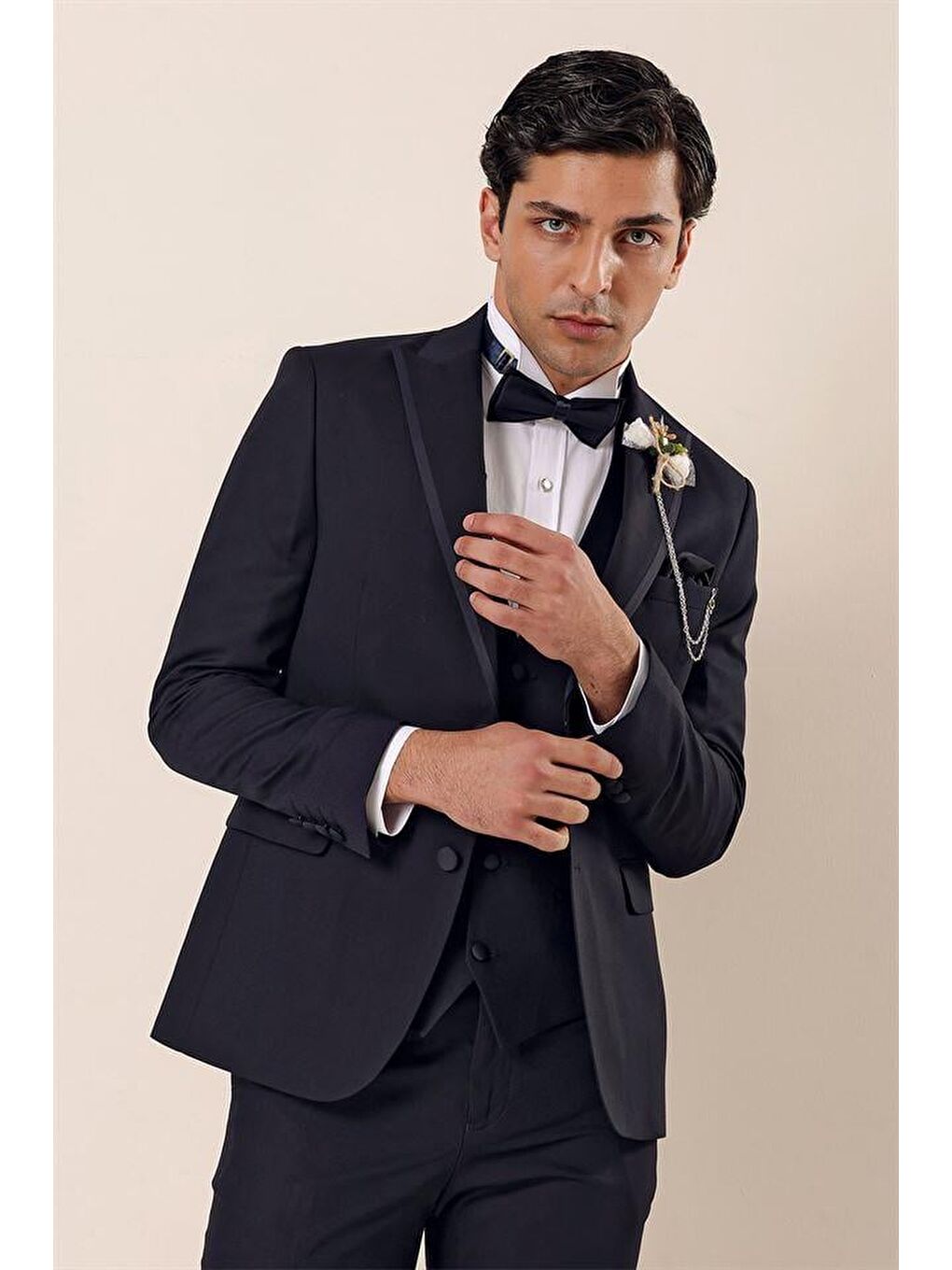 Koyu Lacivert Çıkarılabilir Kırlangıç Yaka Yelekli 6 Drop Slim Fit Smokin Damatlık 1001225203-6