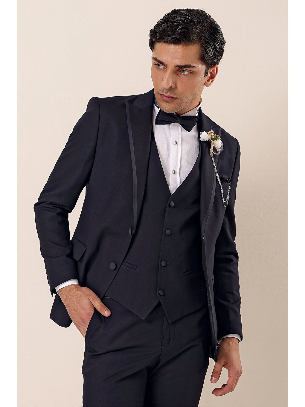 Koyu Lacivert Çıkarılabilir Kırlangıç Yaka Yelekli 6 Drop Slim Fit Smokin Damatlık 1001225203-9