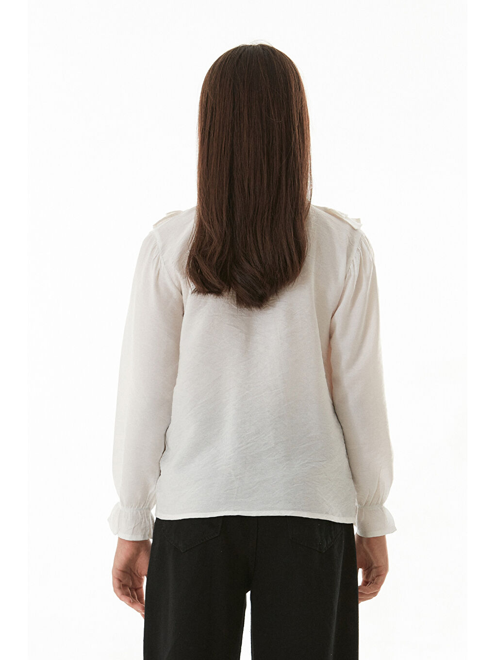 Ekru Önü Fırfırlı Düğmeli Kız Çocuk Gömlek-4