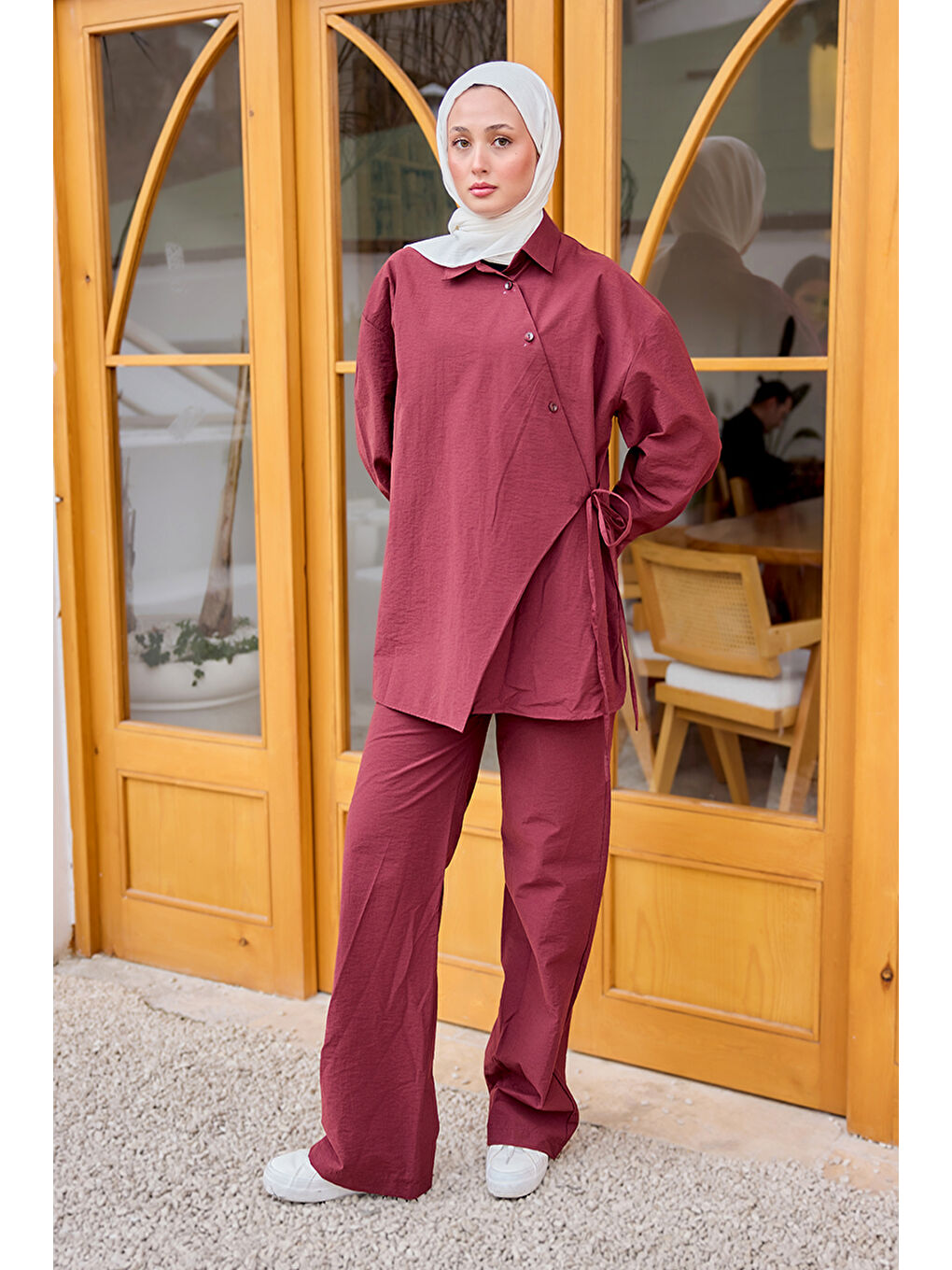 Kadın Düğme Detay Yan Bağlamalı Keten Takım Bordo-1