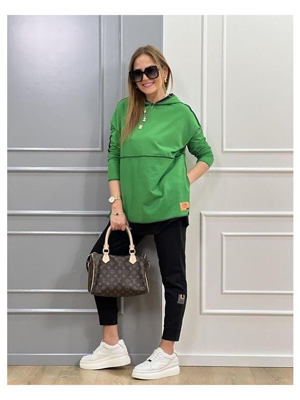 Kadın Yeşil Kapüşonlu Etek Ucu Detay Arma Ters Dikiş Gorunumlu Ikili Takım-2
