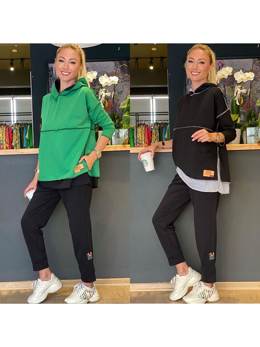 Kadın Yeşil Kapüşonlu Etek Ucu Detay Arma Ters Dikiş Gorunumlu Ikili Takım-3