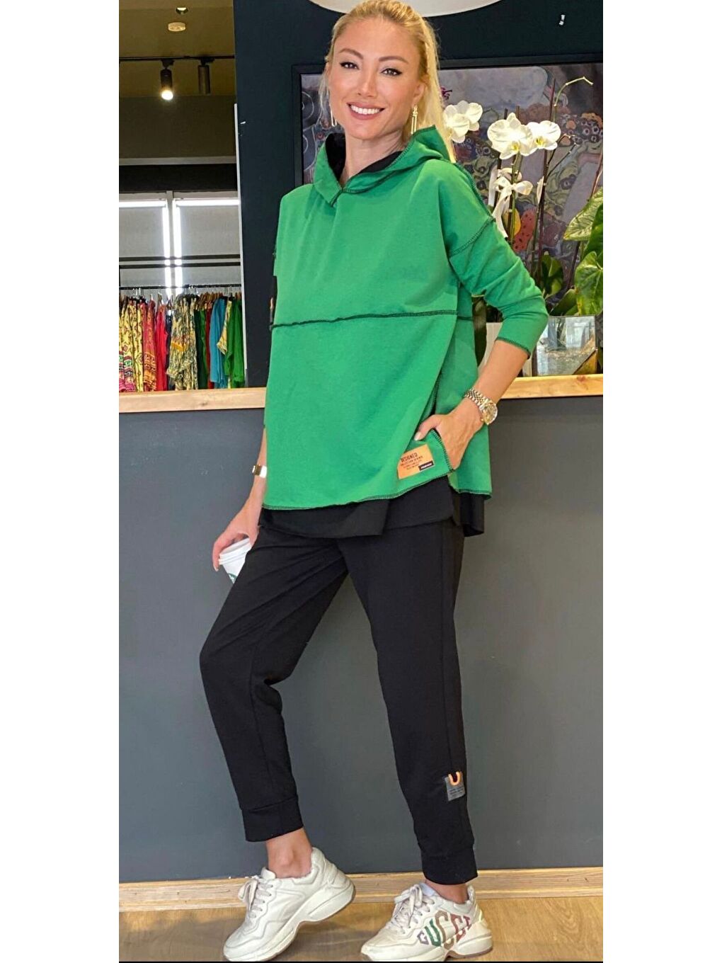 Kadın Yeşil Kapüşonlu Etek Ucu Detay Arma Ters Dikiş Gorunumlu Ikili Takım-4