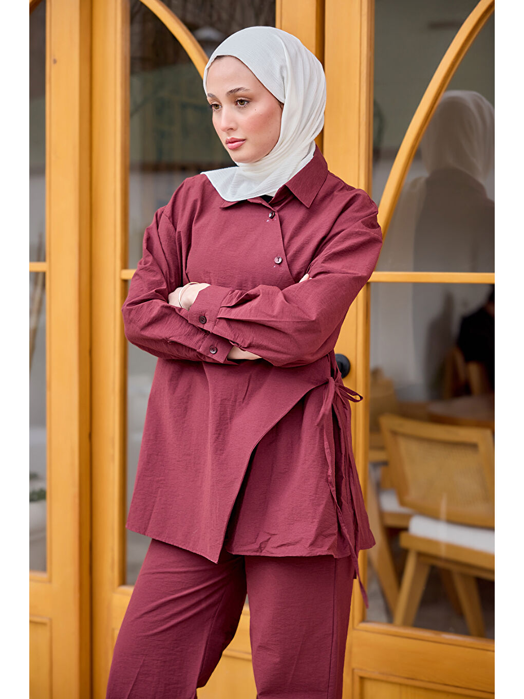 Kadın Düğme Detay Yan Bağlamalı Keten Takım Bordo-2