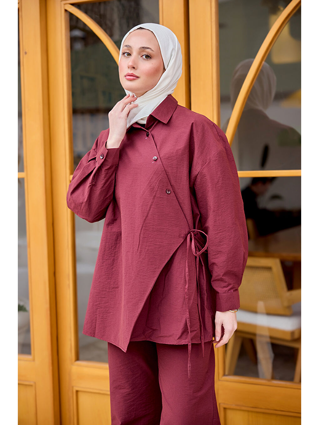 Kadın Düğme Detay Yan Bağlamalı Keten Takım Bordo-3